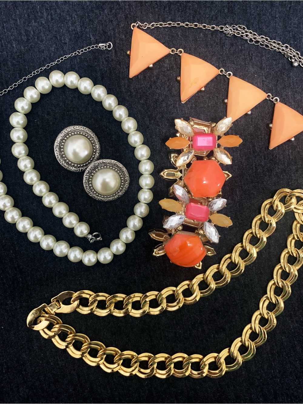 Curated Jewelry Lot - 5 Pieces Classic Pearl, Gold Statement & Boho Peach